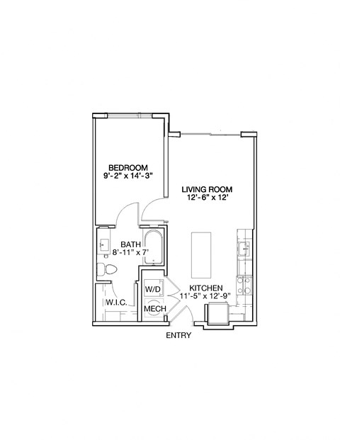 Floor plan for 1 bed, 1 bath, 590 sqft