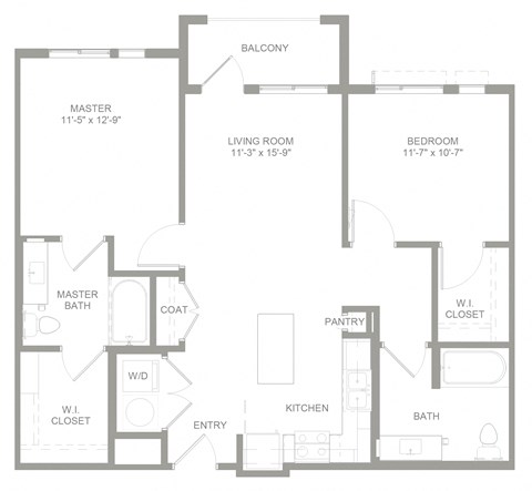 Floor plan for 2 beds, 2 baths, 1074 sqft