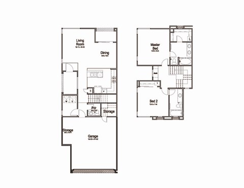Floor plan for 2 beds, 2.5 baths, 1264 sqft