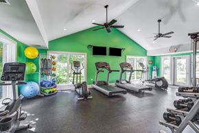 Geneva apartment for rent - Apartments in Geneva, IL for Rent- Ashford at Geneva-  A gym with a green wall and various exercise equipment.