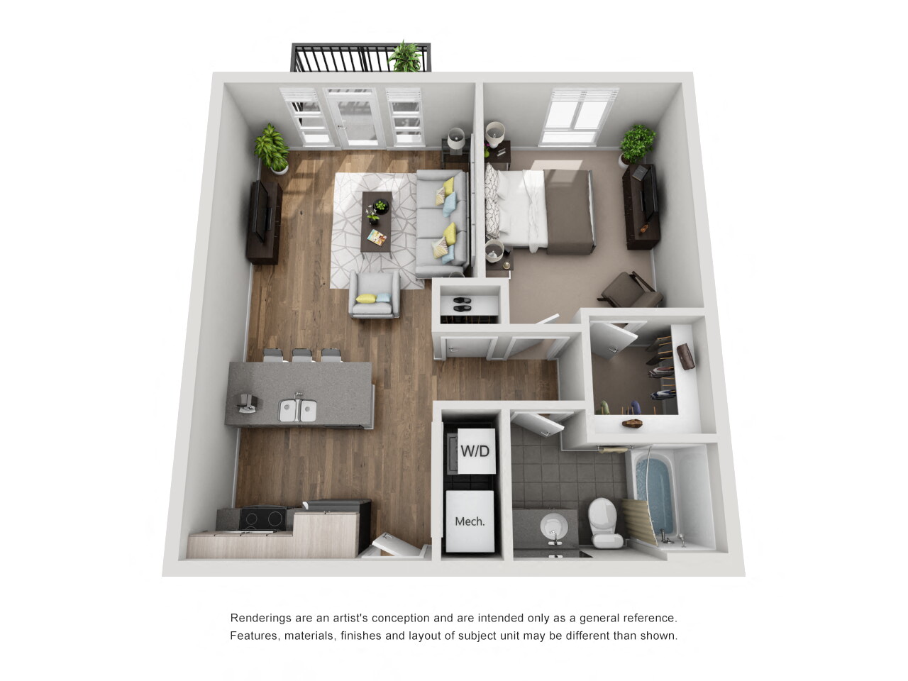 Floor plan for 1 bed, 1 bath, 667 sqft