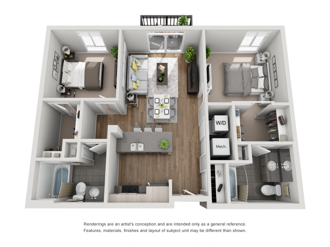 Floor plan for 2 beds, 2 baths, 906 sqft