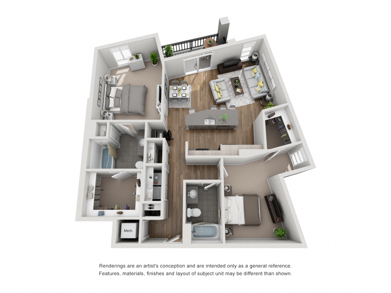 Floor plan for 2 beds, 2 baths, 1161 sqft