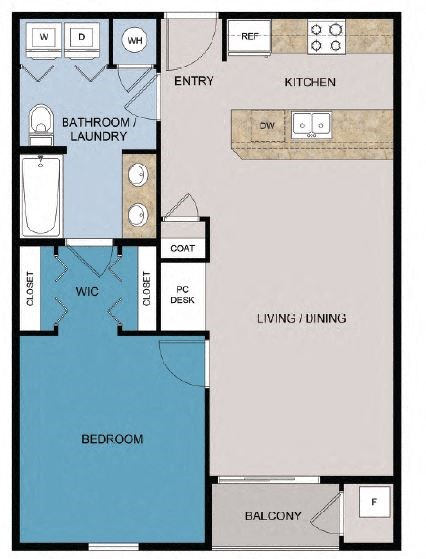 Floor plan for 1 bed, 1 bath, 695 sqft