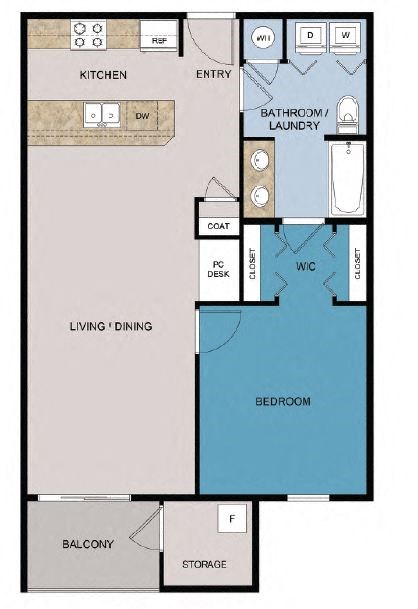 Floor plan for 1 bed, 1 bath, 741 sqft