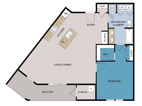 Floor plan for 1 bed, 1 bath, 908 sqft