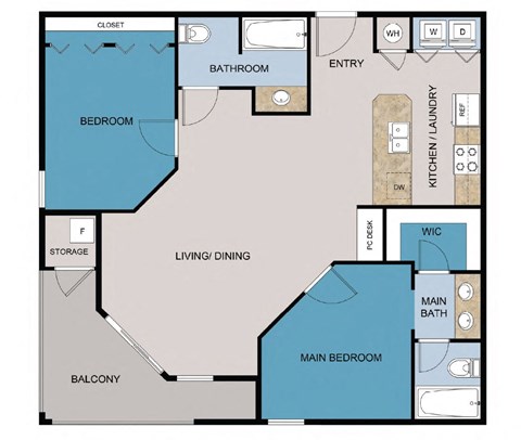 Floor plan for 2 beds, 2 baths, 972 sqft