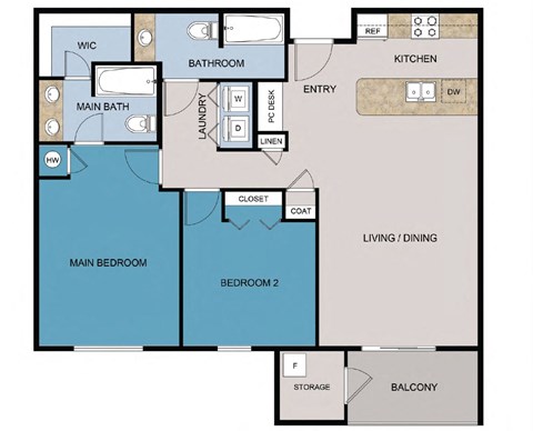 Floor plan for 2 beds, 2 baths, 1005 sqft