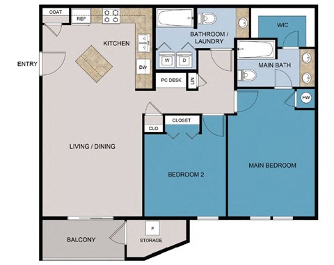 Floor plan for 2 beds, 2 baths, 1025 sqft