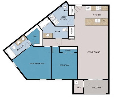 Floor plan for 2 beds, 2 baths, 1172 sqft