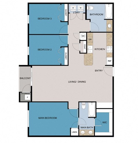 Floor plan for 3 beds, 2 baths, 1299 sqft