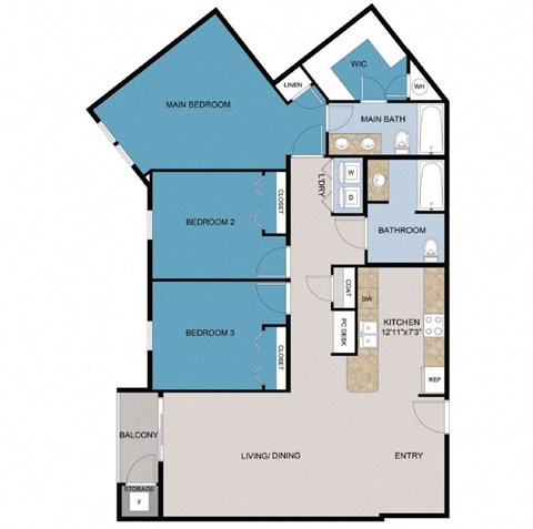 Floor plan for 3 beds, 2 baths, 1364 sqft