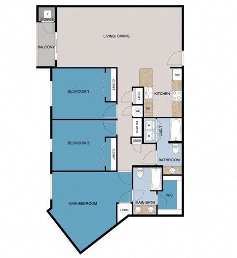 Floor plan for 3 beds, 2 baths, 1405 sqft