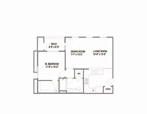 Floor plan for 1 bed, 1 bath, 688 sqft