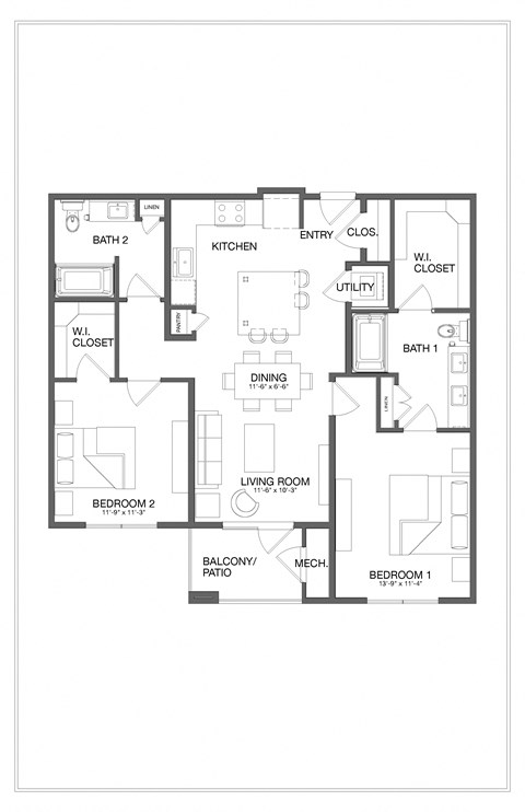 Floor plan for 2 beds, 2 baths, 1158 sqft