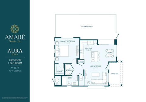 Floor plan for 1 bed, 1 bath, 771 sqft