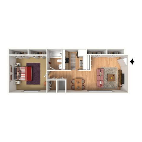 Floor plan for 1 bed, 1 bath, 650 sqft