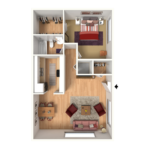 Floor plan for 1 bed, 1 bath, 700 sqft