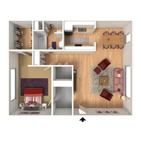 Floor plan for 1 bed, 1 bath, 750 sqft