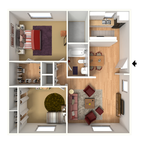 Floor plan for 2 beds, 1 bath, 1050 sqft