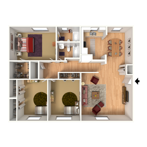 Floor plan for 3 beds, 2 baths, 1400 sqft