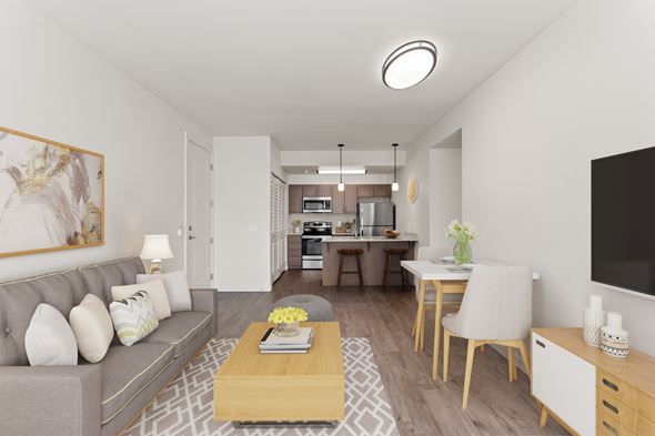 Vancouver apartment for rent - A living room with a grey couch, a coffee table, and a television.