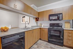 Sacramento apartment for rent - Pet-Friendly Apartments in Sacramento, CA - Avanti - Kitchen with Wood-Style Flooring, Dual Sinks, Cool Black Appliances, and Wood-Tone Cabinets