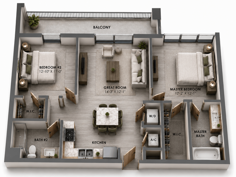 Floor plan for 2 beds, 2 baths, 955 sqft