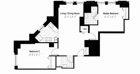 Floor plan for 2 beds, 2 baths, 949 sqft