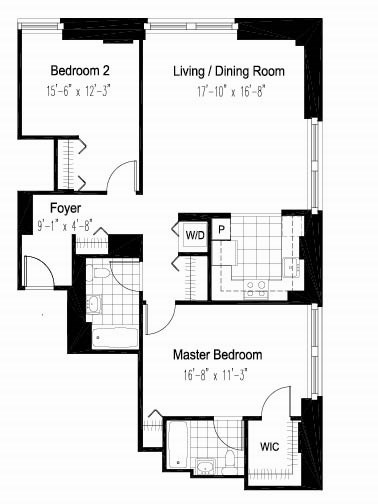 Floor plan for 2 beds, 2 baths, 951 sqft