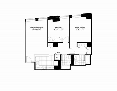 Floor plan for 2 beds, 2 baths, 960 sqft