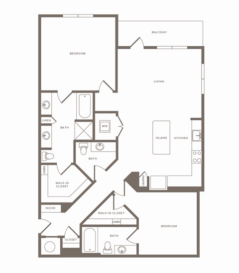 Floor plan for 2 beds, 2.5 baths, 1340 sqft