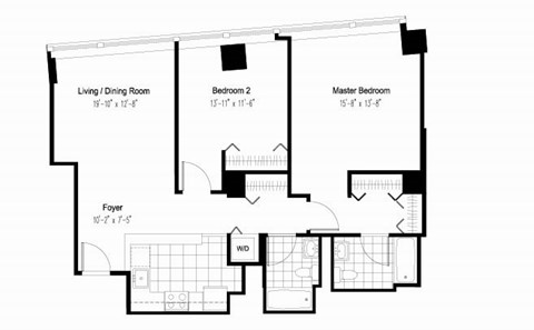 Floor plan for 2 beds, 2 baths, 1047 sqft