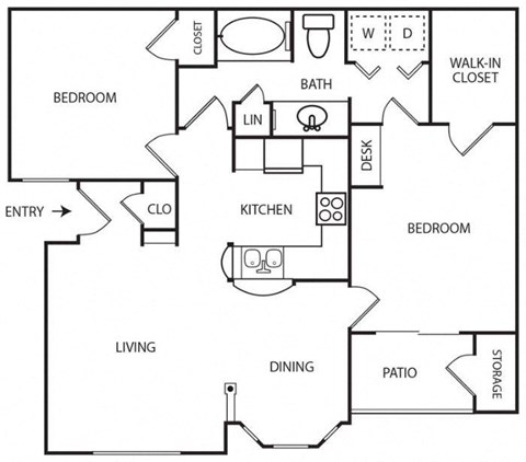 Floor plan for 2 beds, 1 bath, 935 sqft