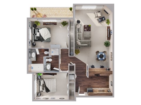 Floor plan for 2 beds, 2 baths, 887 sqft