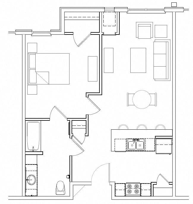 Floor plan for 1 bed, 1 bath, 725 sqft