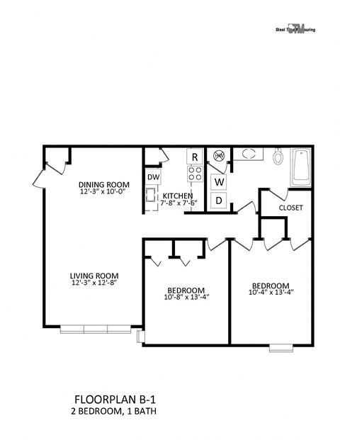 Floor plan for 2 beds, 1 bath, 803 sqft