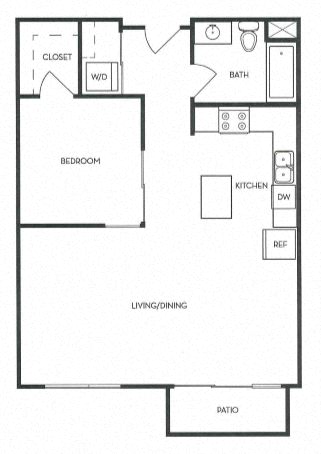 Floor plan for 1 bed, 1 bath, 753 sqft