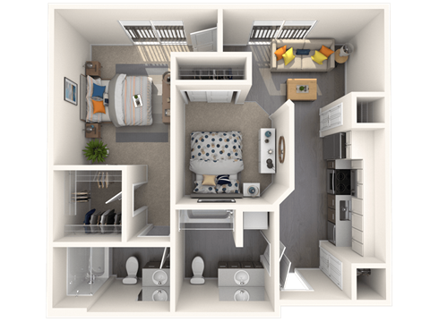 Floor plan for 1 bed, 2 baths, 710 sqft