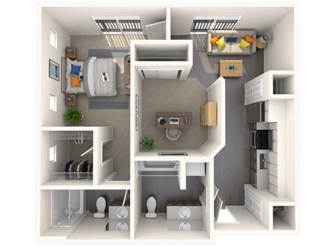 Floor plan for 1 bed, 2 baths, 719 sqft
