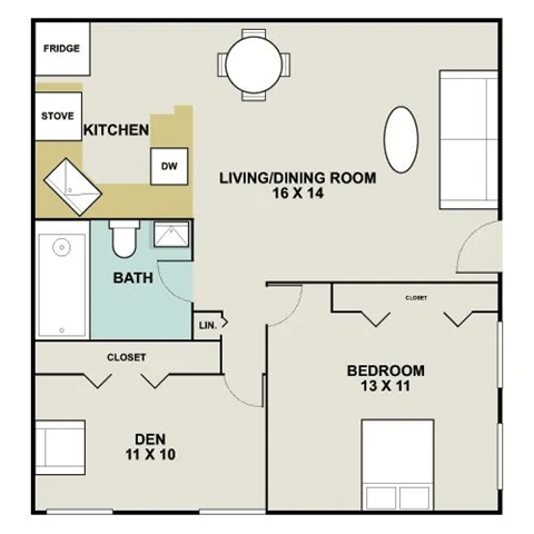 Floor plan for 2 beds, 1 bath, 825 sqft