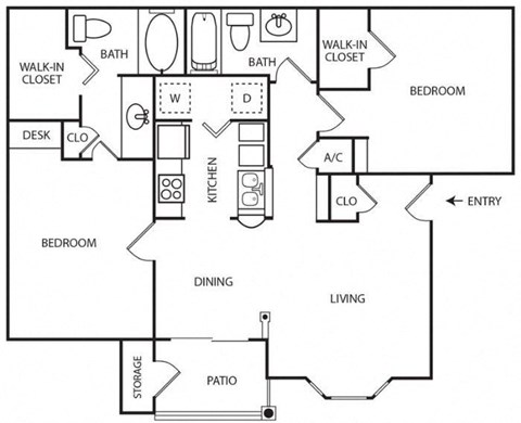 Floor plan for 2 beds, 2 baths, 1057 sqft