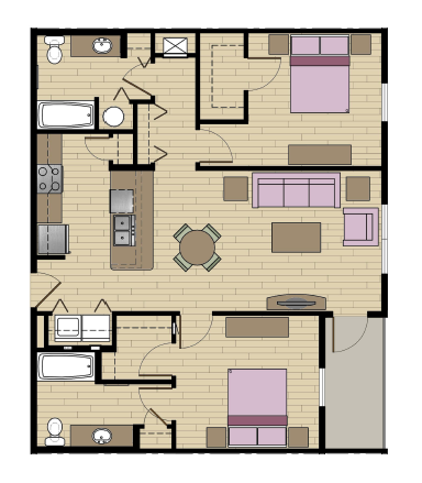 Floor plan for 2 beds, 2 baths, 1100 sqft