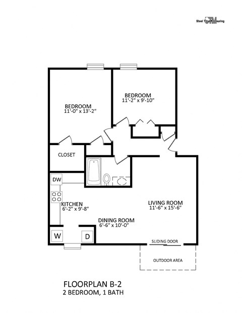 Floor plan for 2 beds, 1 bath, 825 sqft