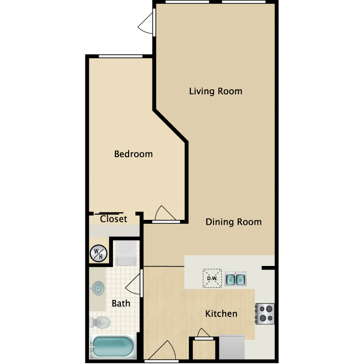 Floor plan for 1 bed, 1 bath, 720 sqft