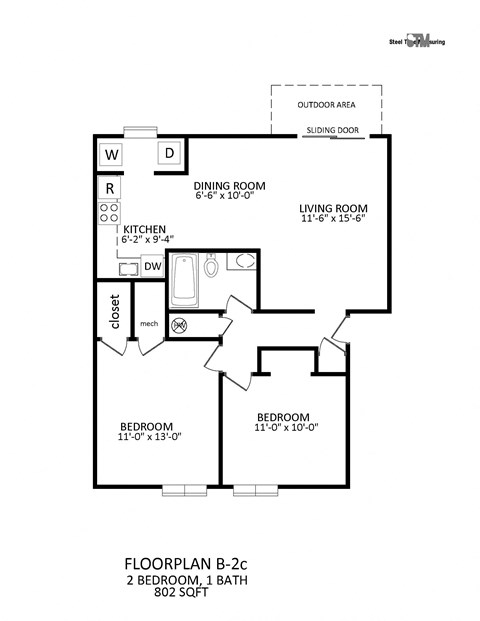 Floor plan for 2 beds, 1 bath, 825 sqft