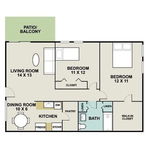 Floor plan for 2 beds, 1 bath, 1000 sqft