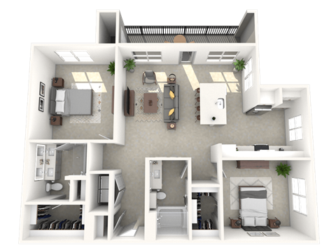 Floor plan for 2 beds, 2 baths, 1235 sqft