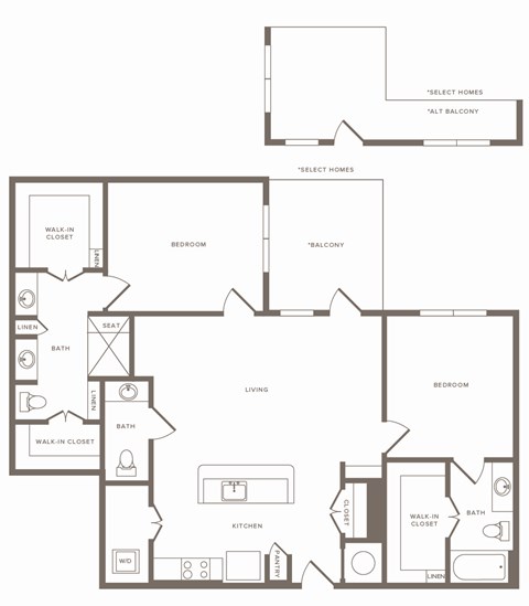 Floor plan for 2 beds, 2.5 baths, 1228 sqft