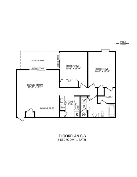Floor plan for 2 beds, 1 bath, 861 sqft